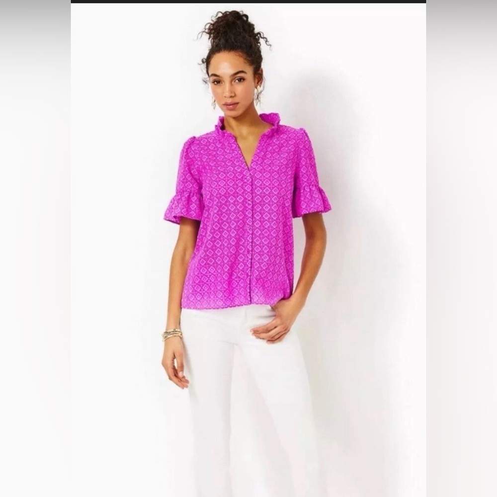Lilly Pulitzer Fuchsia Eyelet Ruffle-Collar Button Blouse calynn eyelet